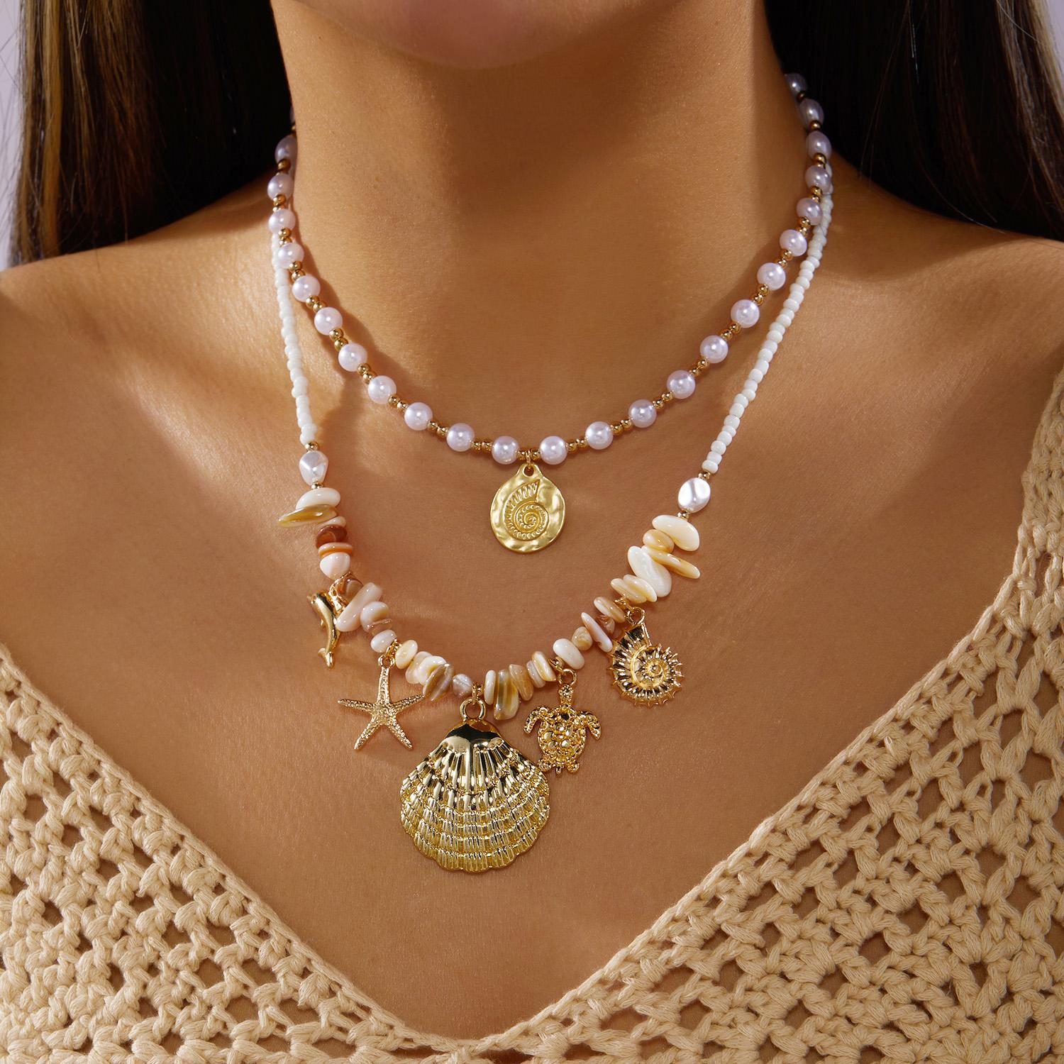

Boho Dolphin Imitation Pearl Starfish Layered Necklace Set for Women Mermaidcore Shell Beaded Chain Summer Party Jewelry Gift