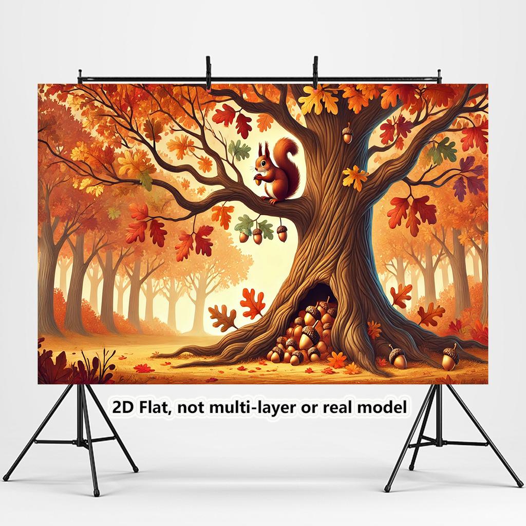 2D Plane, 1 Autumn Party Banner Background, Autumn Squirrels and Oak Trees, Pumpkins, Hay Bales, Maple Leaveszyc