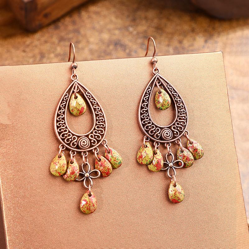 

Vintage Bohemian Tassel Water Drop Earrings for Women Lady Bronze Color Hollow Dangle Earring Ethnic Female Jewelry