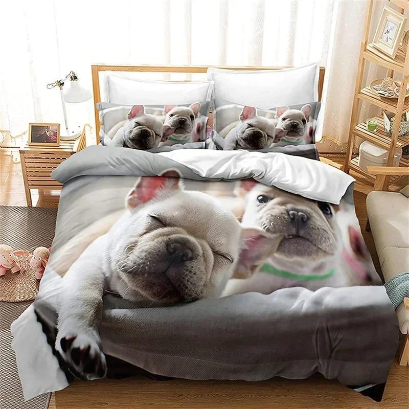 Bulldog Bettbezug Französische Bulldoggen Bettwäscheset Einzel Polyester Schokolade Welpe Haustier Hündchen Tier Steppdeckenbezug Für Hundeliebhaber Geschenke