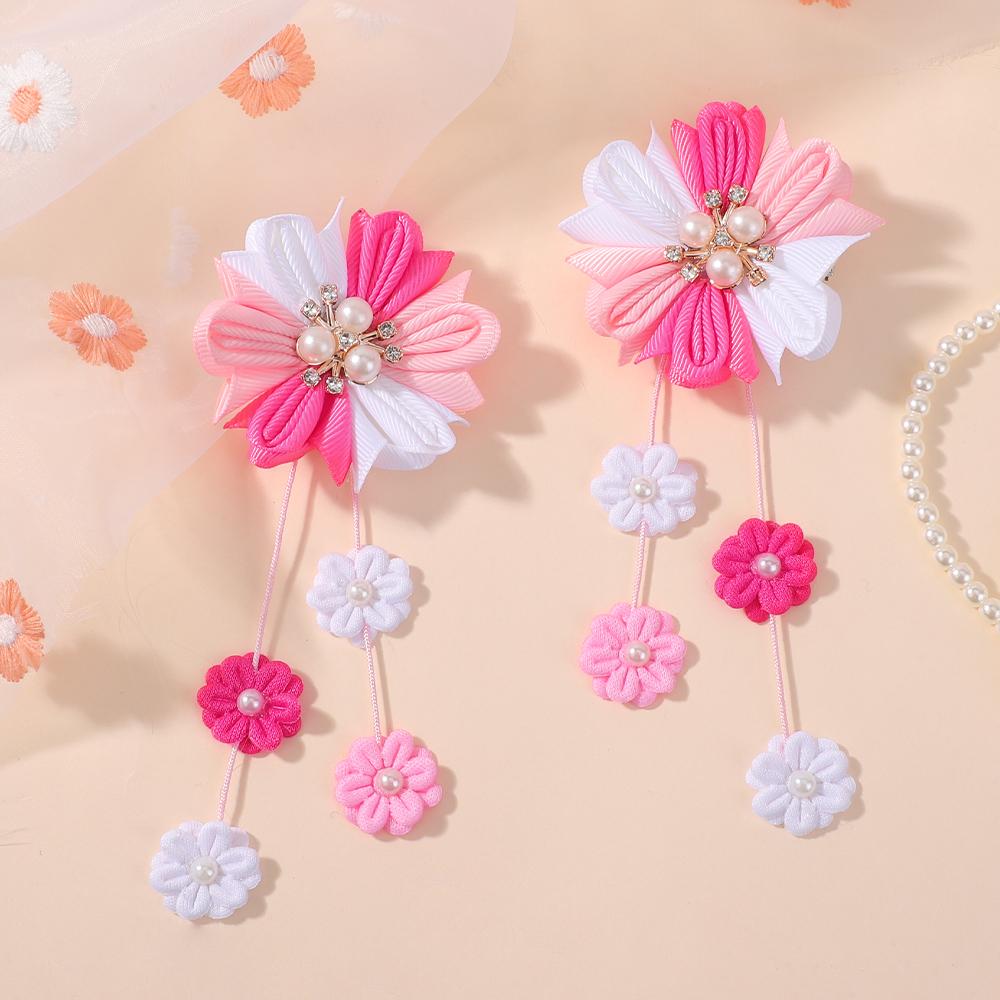 2pcs/set Flower Hair Clips with Flower Tassel Faux Pearl Hairpins Cute Barrettes Hair Accessories for Girls Headwear Hairpin