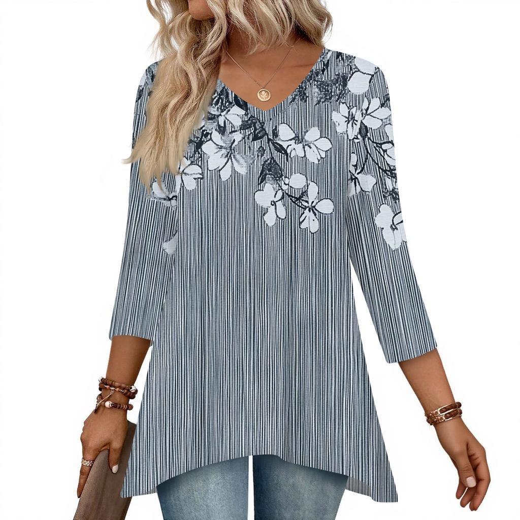 Dámské topy s výstřihem do V a 3/4 rukávem, ležérní košile střední délky, módní tuniky s potiskem