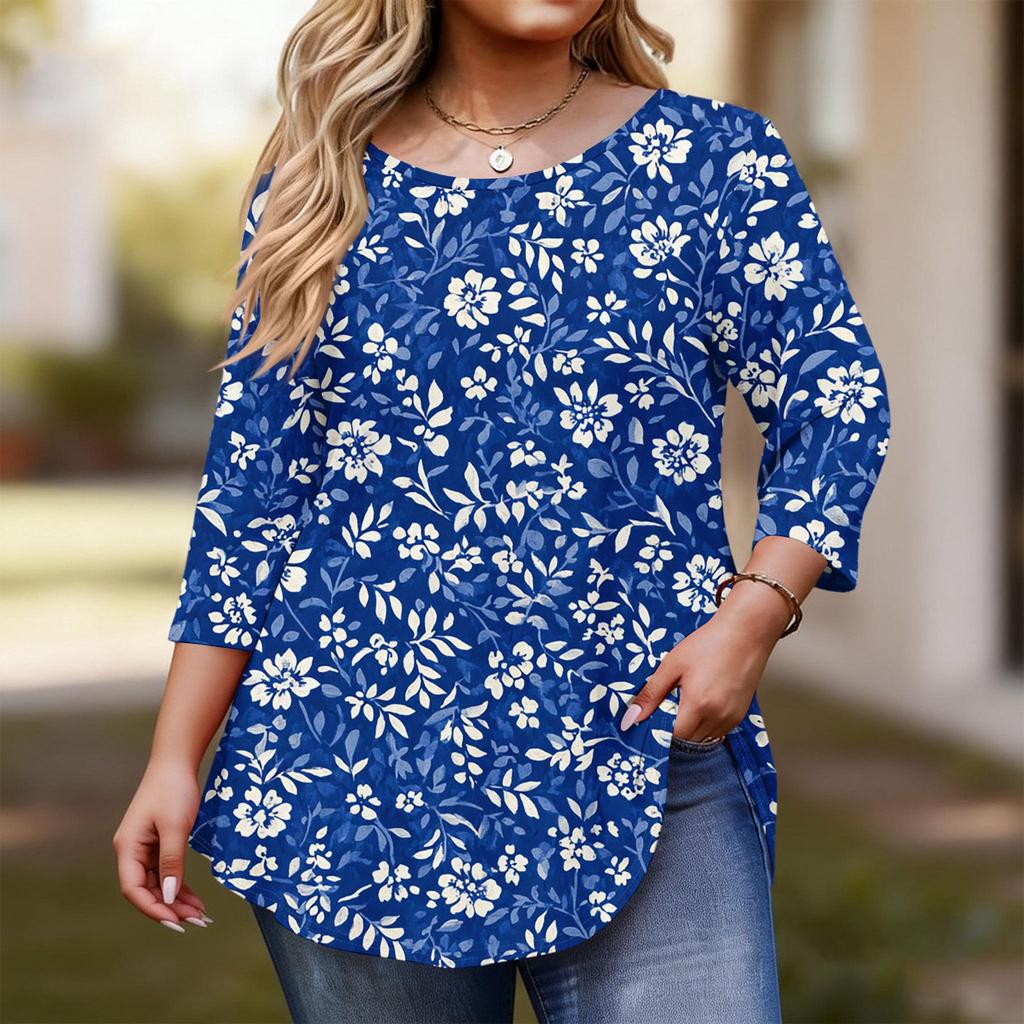 Women's Fashionable Casual Floral Print Plus Size Three-Quarter Sleeve Round Neck Top With Curved.
