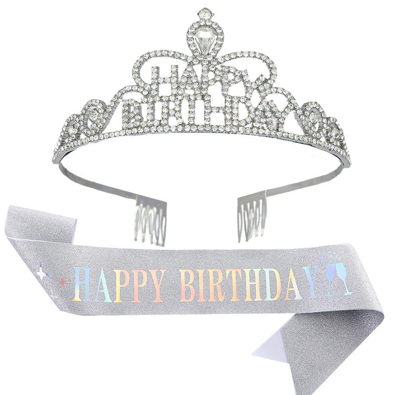 Happy Birthday Party Crown Hair Band Crystal Headwear Hair Accessory Gold Onion Cloth Belt Sash