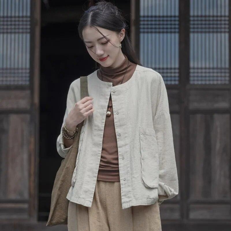 Johnature Damen Vintage Shirts Tops O-Ausschnitt Langarm Lose Blusen Herbst Einfarbig Taschen Damen Shirts