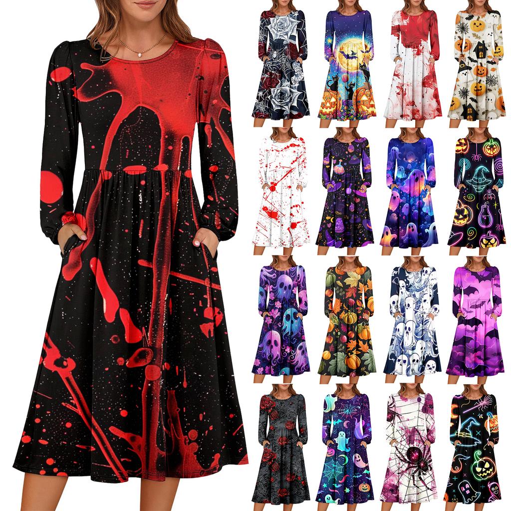 Women's Fashionable Loose Halloween Printed Round-neck Dress