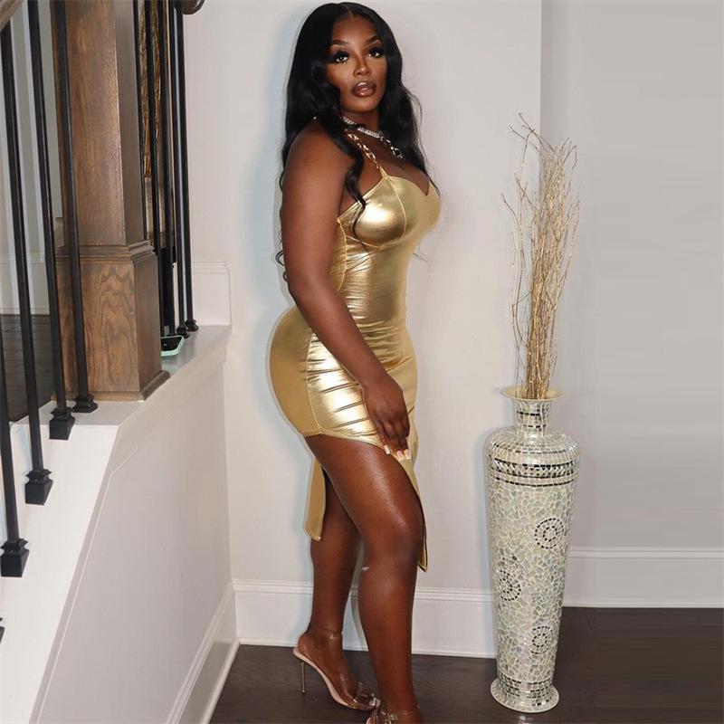 2024 Europejsko-Amerykańska Złota Sukienka Bez Ramiączek Wyszczuplająca z Nieregularnym Rękawem