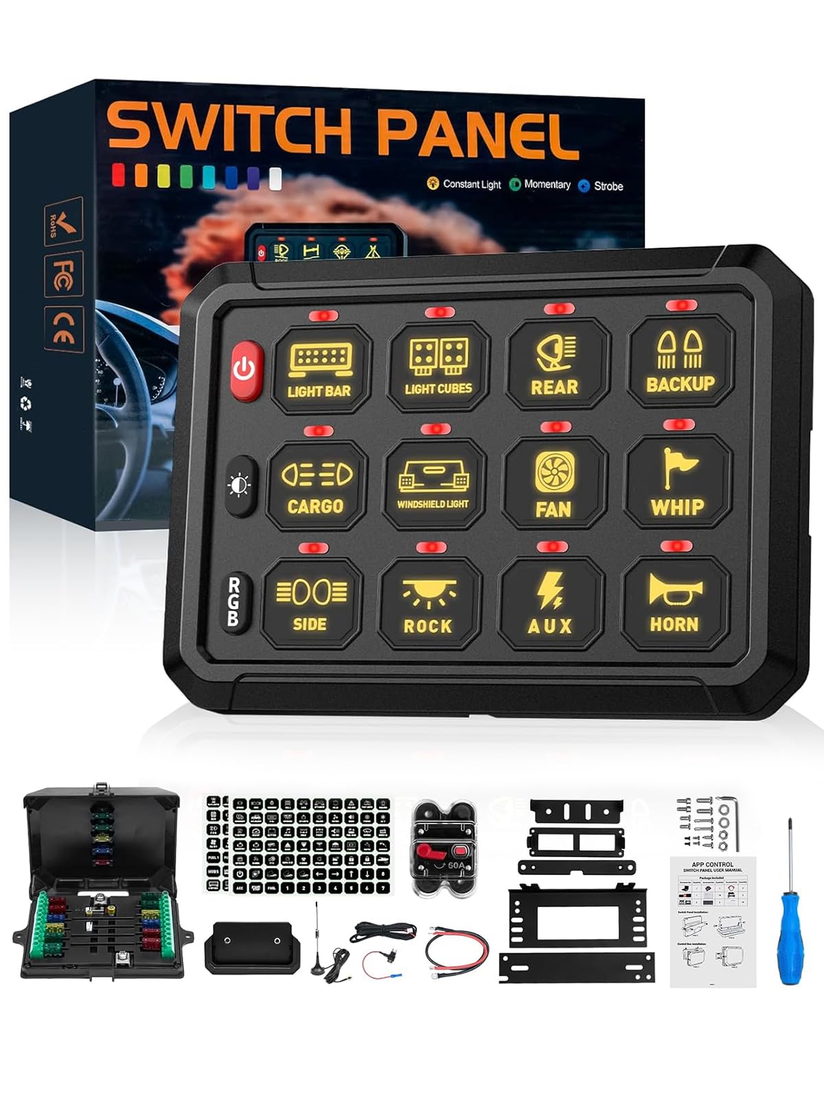 

Панель переключателей CHELHEAD с RGB стробоскопом Водонепроницаемое управление Универсальная система реле цепи Совместима с UTV и внедорожниками 12-секционная подсветка, с регулировкой яркости,