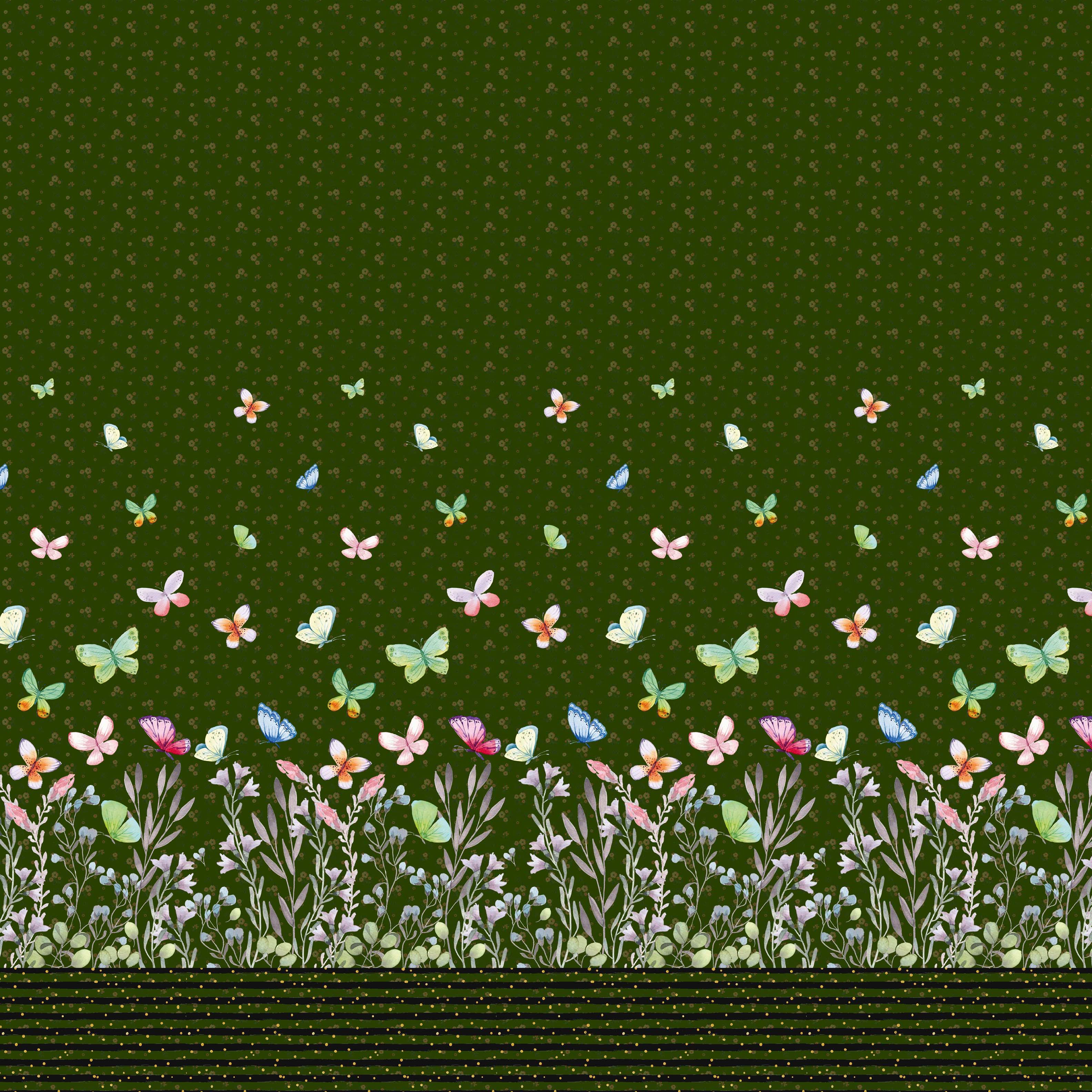 

Тканина для рукоділля Soimoi Japan Crepe Satin Leaves, Bell Flower & Butterflies Panel Printed Craft Тканина на метри 42 дюйма 42 Inch Wide - Poly Crepe зелений