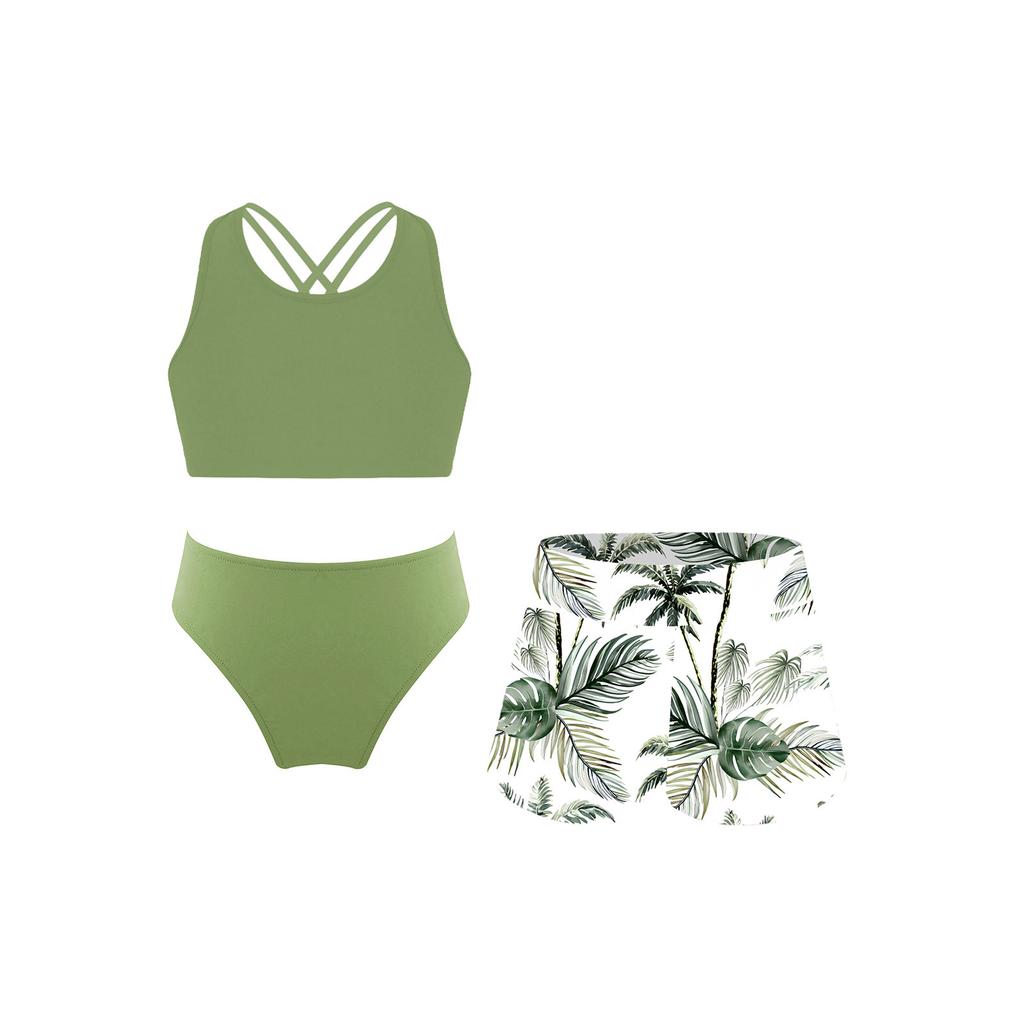 Girls Bathing Suit Set Sleeveless Round Neck Crop Top Wide Elastic Waistband Shorts Beach Swimming Outfit