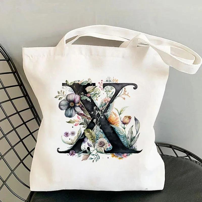 26 Black Alphabet Flower Tote Bags For Women Large Capacity Canvas Casual New Shopping Printed Reusable Handbag Eco Bag Large