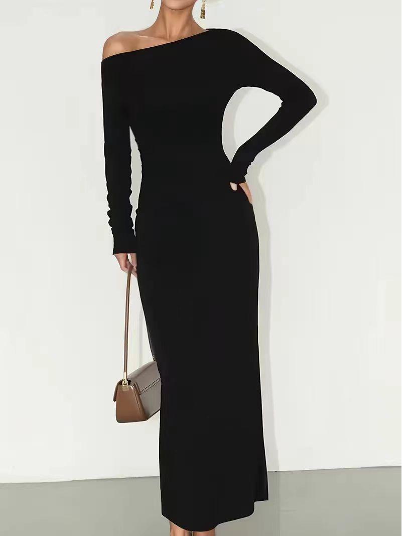 2025 Autumn One-Shoulder Waist-Cinched Sexy Cocktail Evening Gown L чёрный