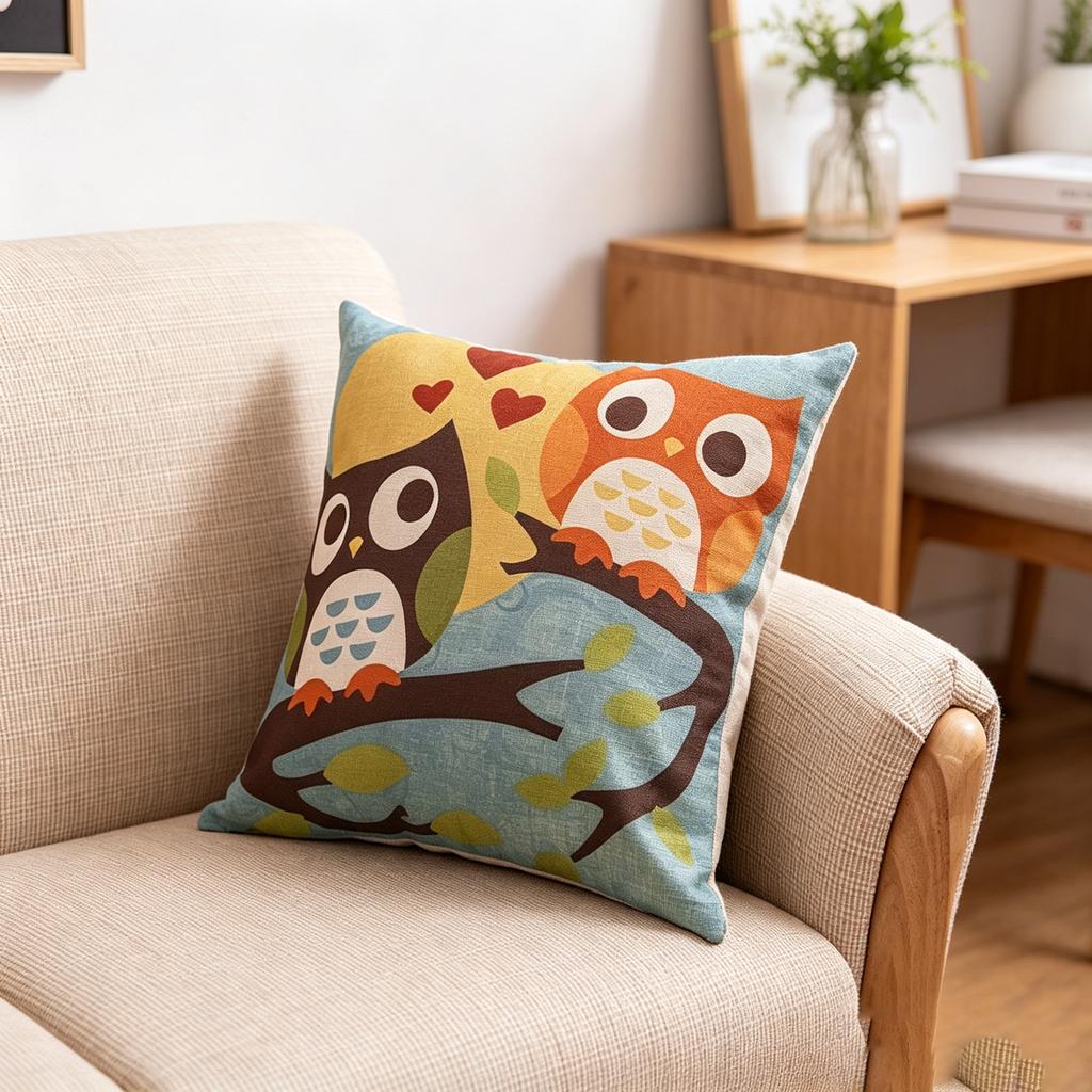 Cute Owl Couple Throw Pillow Cover, Cartoon Animal Linen Cushion Cover for Kids Room & Romantic Home Decor