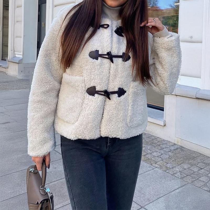 Women's Autumn and Winter Casual Plush Pocket Horn Button Long Sleeve Coat Warm Jacket