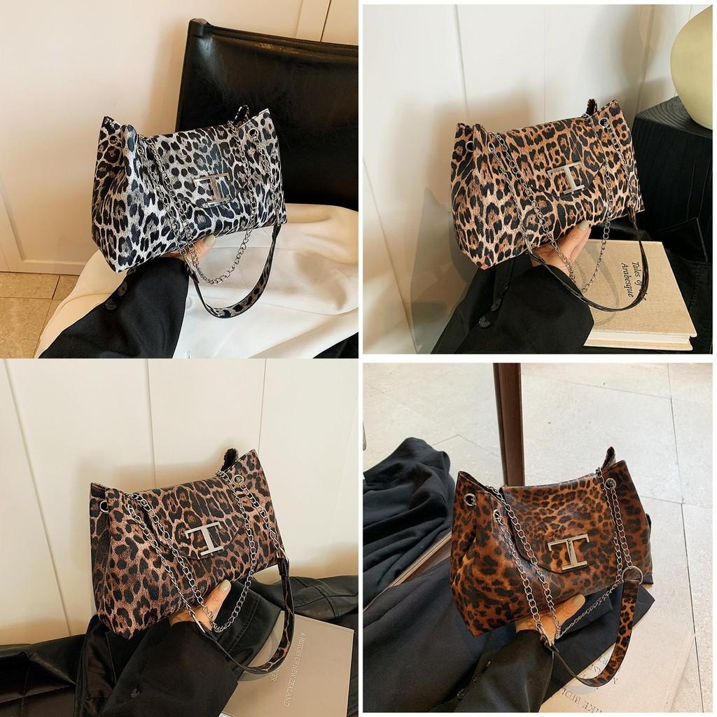 Chic Vintage Leopard Print Chain Shoulder Moon Bag In Black Khaki Brown For Trendy Style