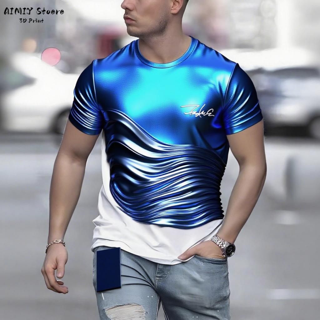 Summer Round Neck 3D Gradient Wave Print Top Fashionable Casual Short Sleeved Men's T-shirts