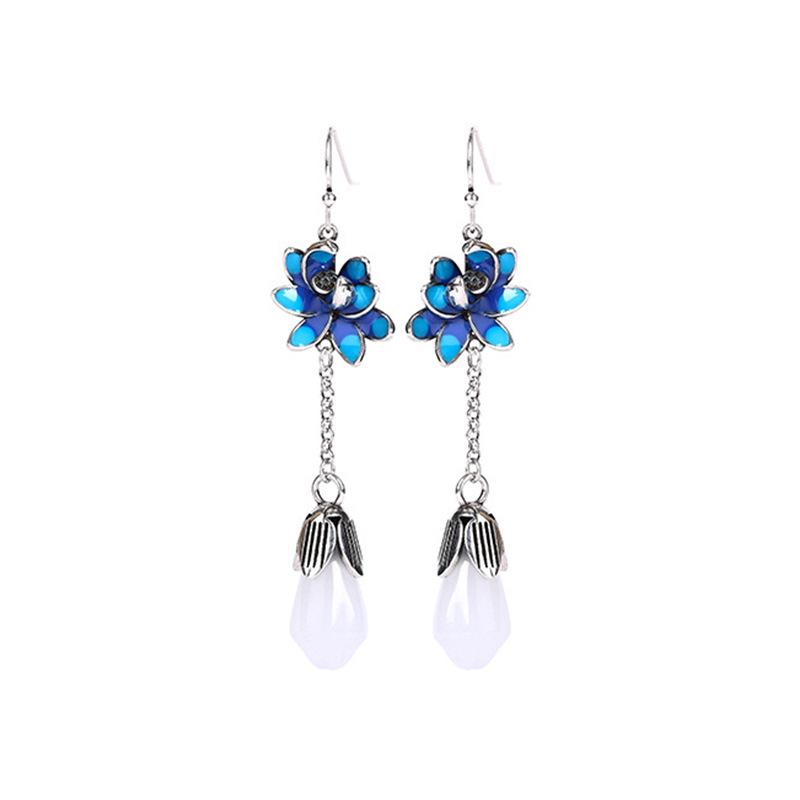 925 Sterling Silver Lotus Earrings with Hetian Jade for Women - Retro Chinese Style Imitation Cloisonné.