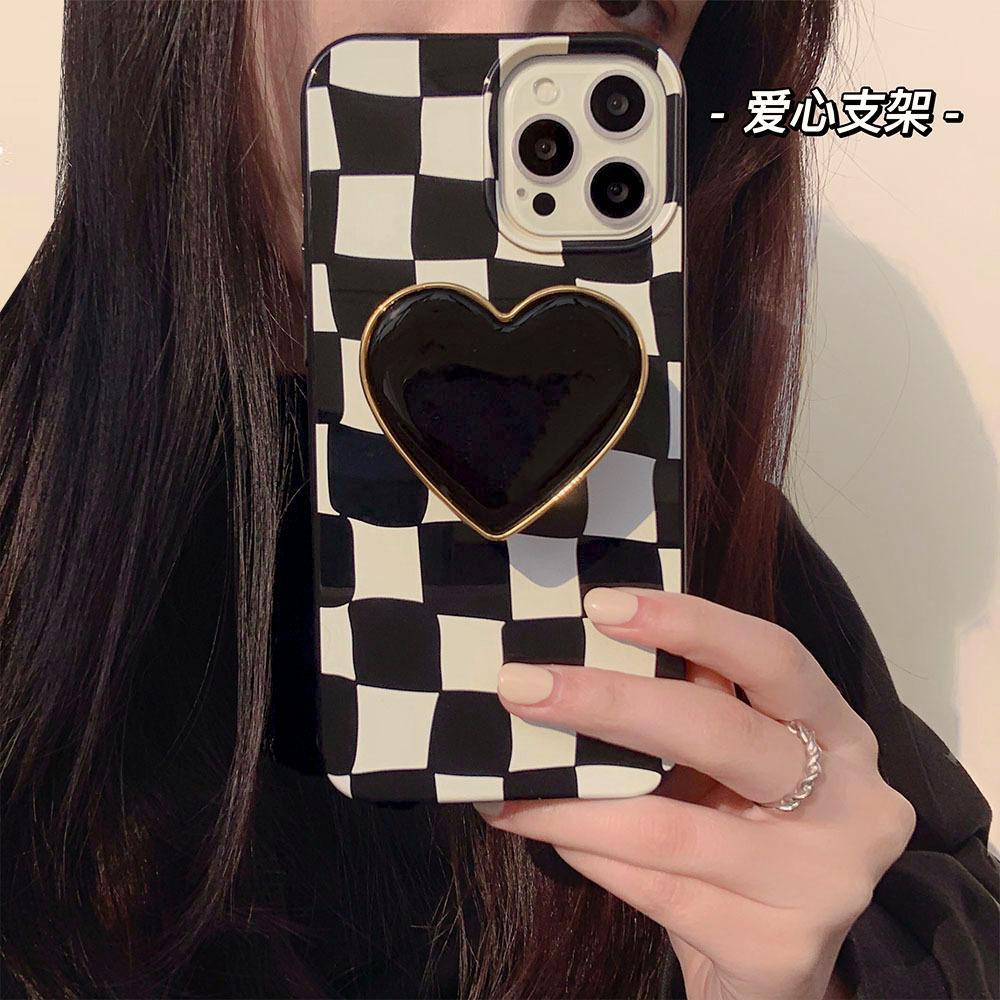 ins black and white grid love bracket 17 for iphone15pro max apple 16 mobile phone case 13 bright 14 soft
