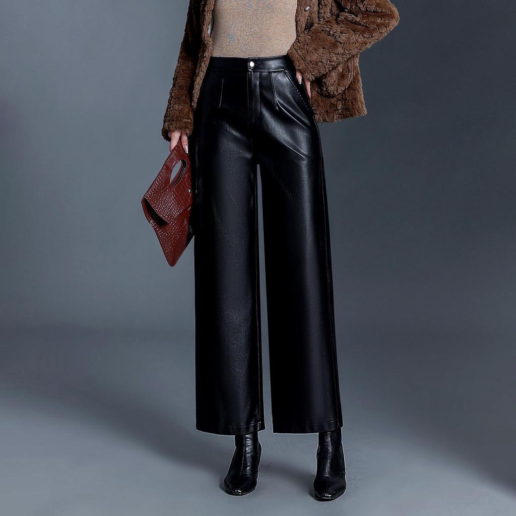 Women's High-Waisted Leather Pants - 2025 Autumn/Winter Loose Straight-Leg Lambskin