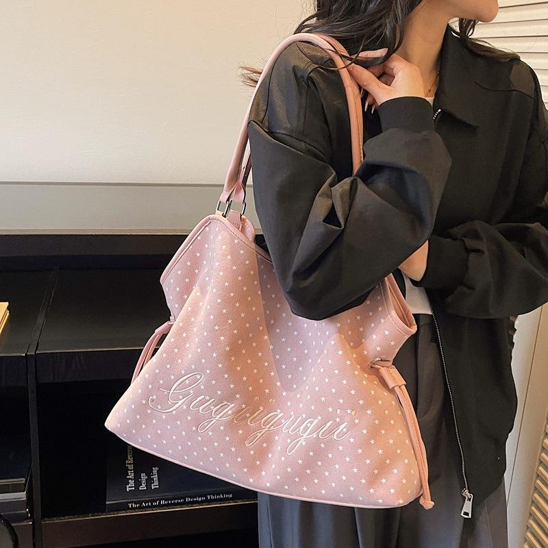 Borsa Tote in Camoscio a Pois Design con Lettere Stampa Leopardo Coreana, Borsa a Spalla Grande Capacità con Coulisse da Donna Fashi Borsa a Mano Casual