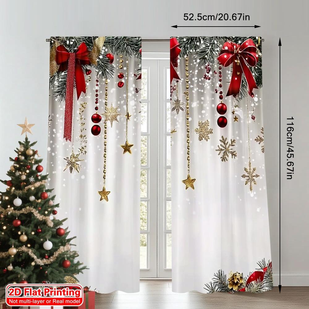 2D flat printing 2pcs Merry Christmas Popular Curtain red bow Durable Polyester Without Electricity Family Party Decoration