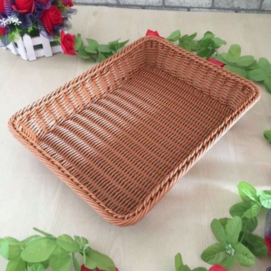 Rattan Fruit Basket Woven Display Crate Rectangular Bread Vegetable Showcase Basket Desktop Organizer for Melons and Fruits Multi-functional storage