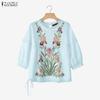 ZANZEA Women Lace Splice Round Neck Floral Print Casual 3/4 Sleeve Blouse