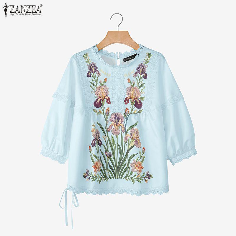 ZANZEA Women Lace Splice Round Neck Floral Print Casual 3/4 Sleeve Blouse