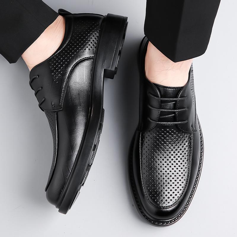 Leather Shoes Men's 2024 Summer New Business Dress Fashion Casual Shoes Men's Hollow Breathable Wedding Groom Shoes