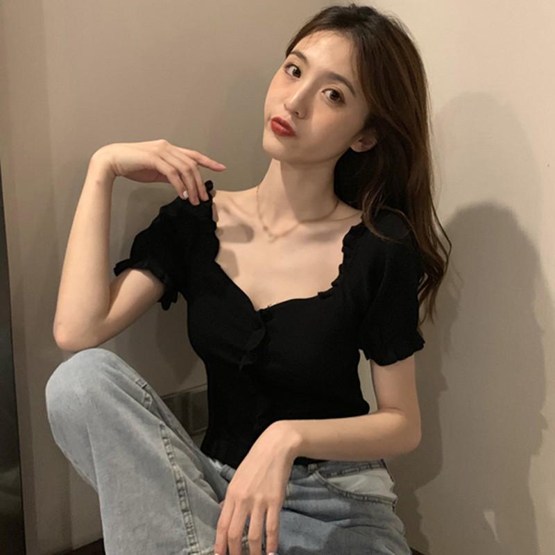 Women Solid Color Short Sleeved V Neck Slim Knitted Tops Summer Basic Wild Wind Tops