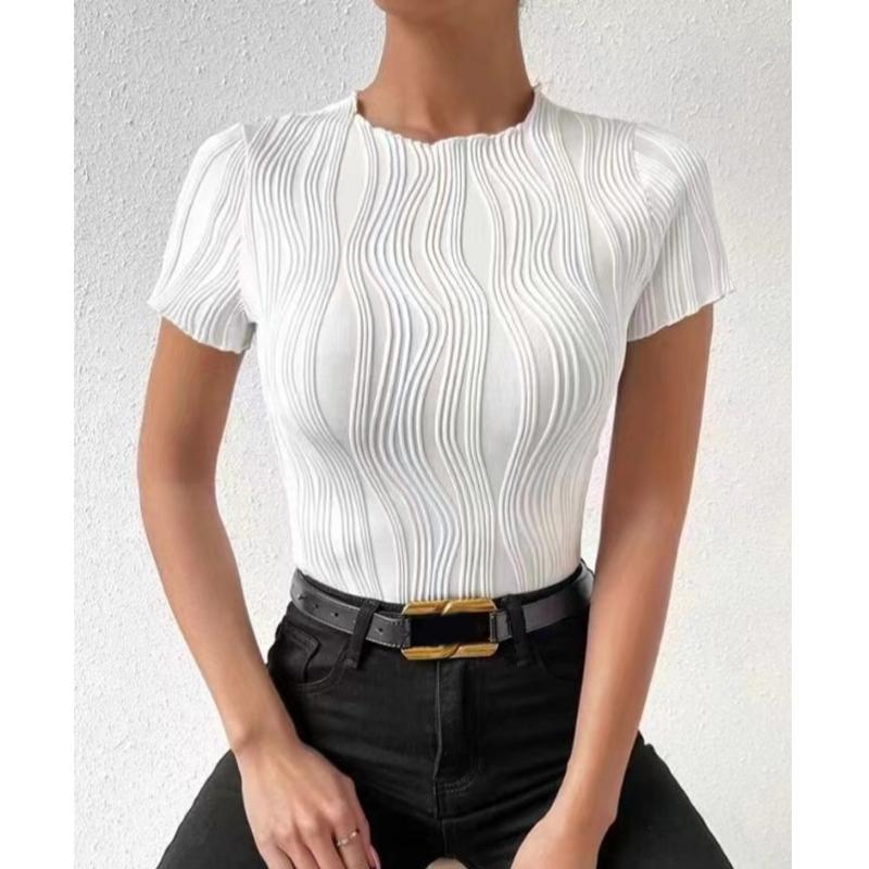 Summer Fashion Round Neck Short Sleeve Women Office Blouse New Solid Color Stripes Wavy Elegant Simple Shirt Casual Ladies Top Women's Clothing