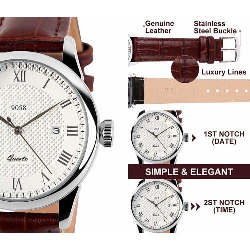 Roman Numeral Business Casual Fashion Analog Watch Classic Men's Quartz Watch with Calendar Date Window, 30M Water Resistant Comfortable PU Leather Wa