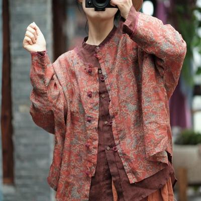 O-Neck Vintage Long Sleeve Print Shirt Spring Summer Women Single Breasted Loose Casual Shirt