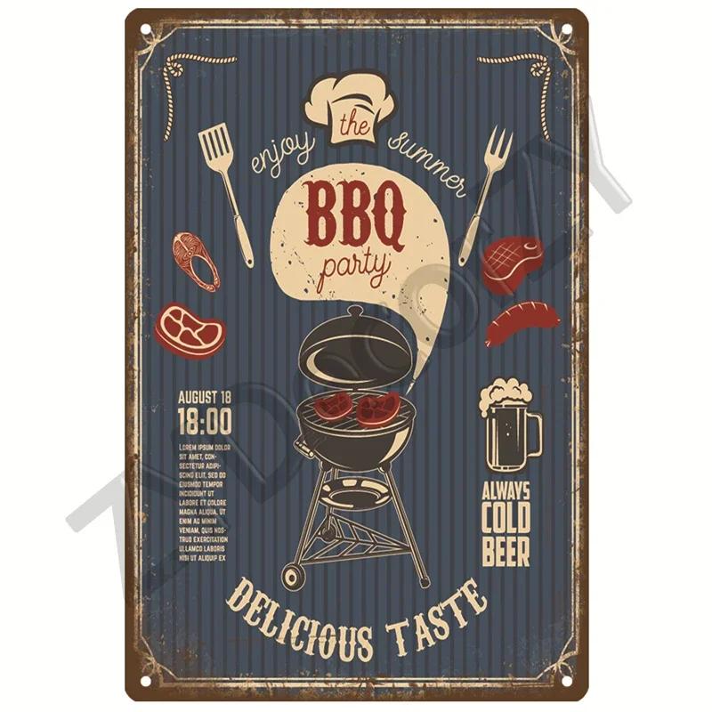 Retro BBQ Tin Sign - Vintage Wall Posters & Metal Decor - Decorative Wall Plate for Kitchens, Patios & Barbecue Themed Spaces