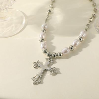 1 peça Colar Cor Dourado Branco Falso Hip Hop Punk Pingente Cruzado Feito à Mão Use Pérolas Artificiais Colla
