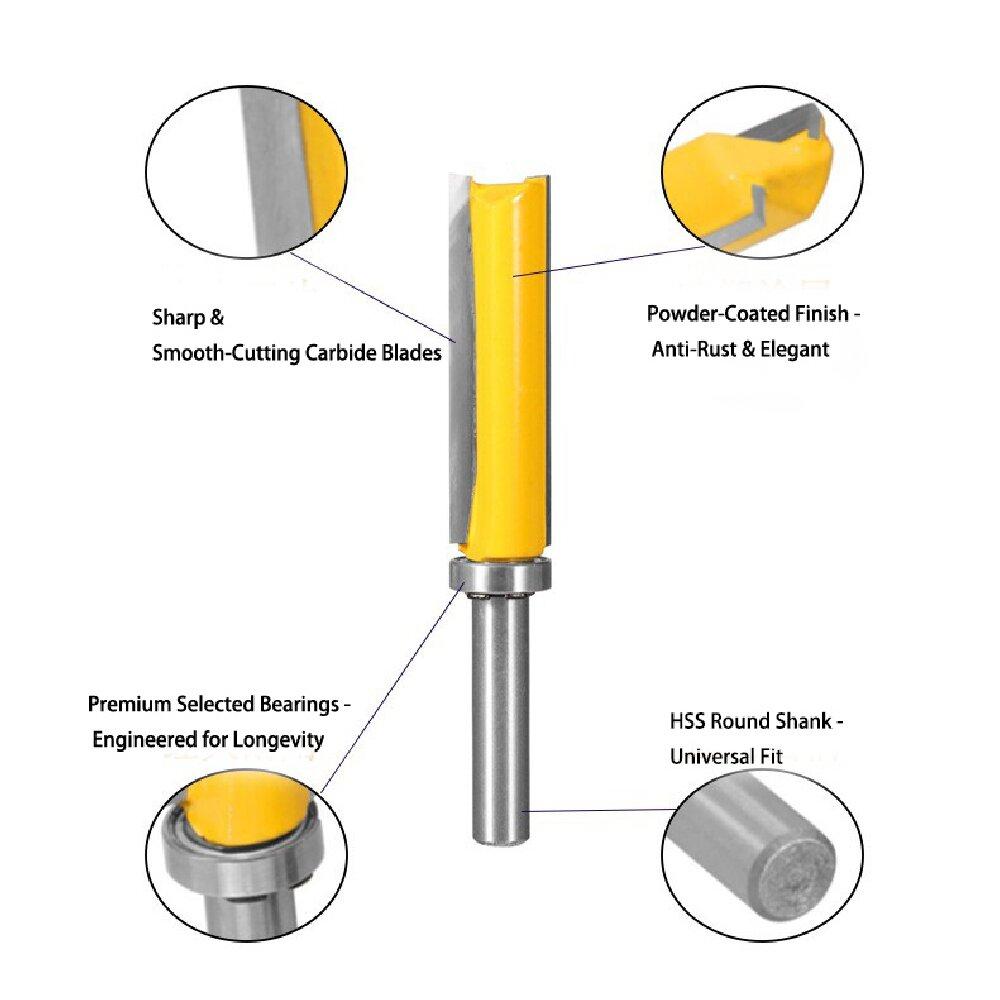 8mm Shank Bearing Guided Straight Router Bit - 14mm Cutting Diameter Flush Trim Cutter for Template Copying & Edge Profiling