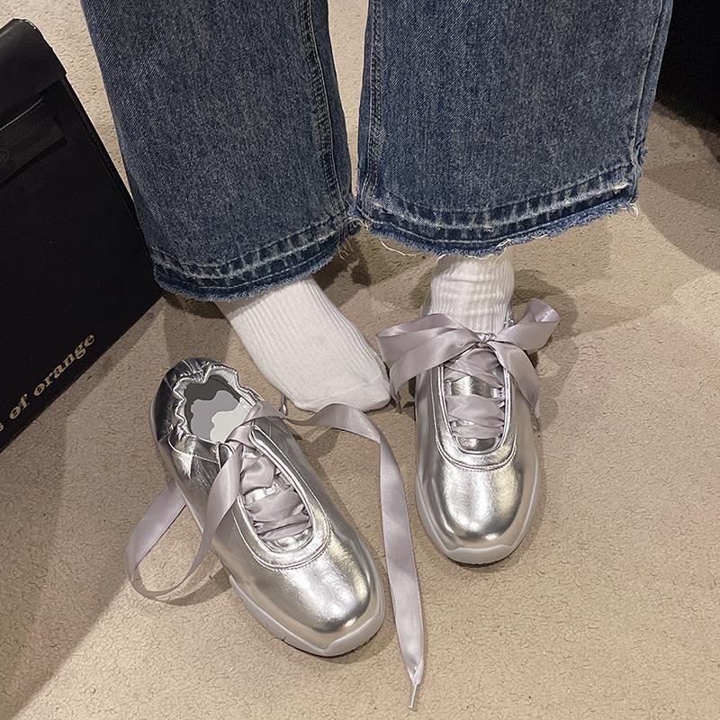 Soft-soled Silver Single Shoes for Women Sneakers Spring Women Jogging Casual Shoes Fashion Lace-up Platform Women Ballet Shoes