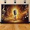 2D Flat Banner 1 piece - Retro microphone and musical note party banner background - Gold/Black shiny star design