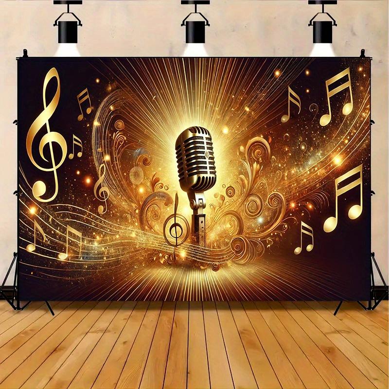2D Flat Banner 1 piece - Retro microphone and musical note party banner background - Gold/Black shiny star design