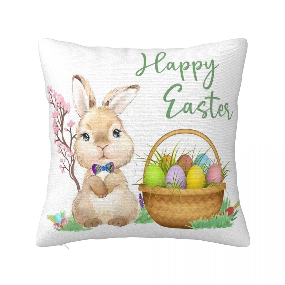 

Happy Easter Pillow Cover Cartoon Rabbit Eggs Kawaii Pillow Case Polyester Cushion Cover Pillowcases For Sofa Home Decorative 12x12Inch
