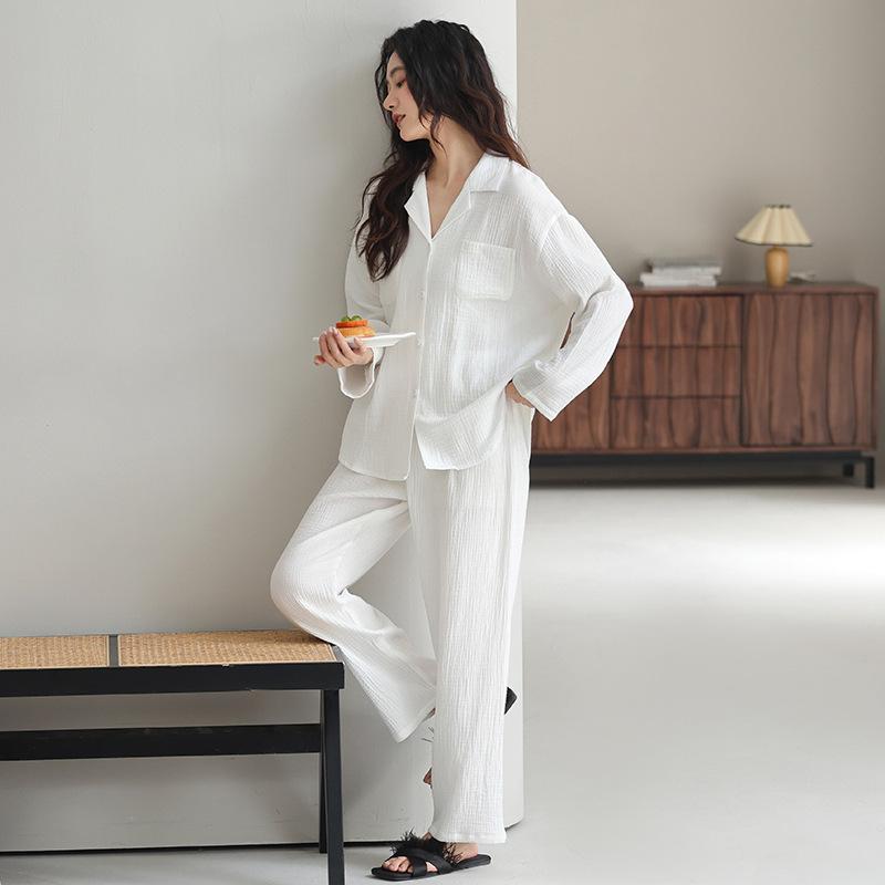 New pajamas women's spring, autumn and summer double-layer gauze pure cotton long-sleeved Korean version of high-end loungewear small man suit