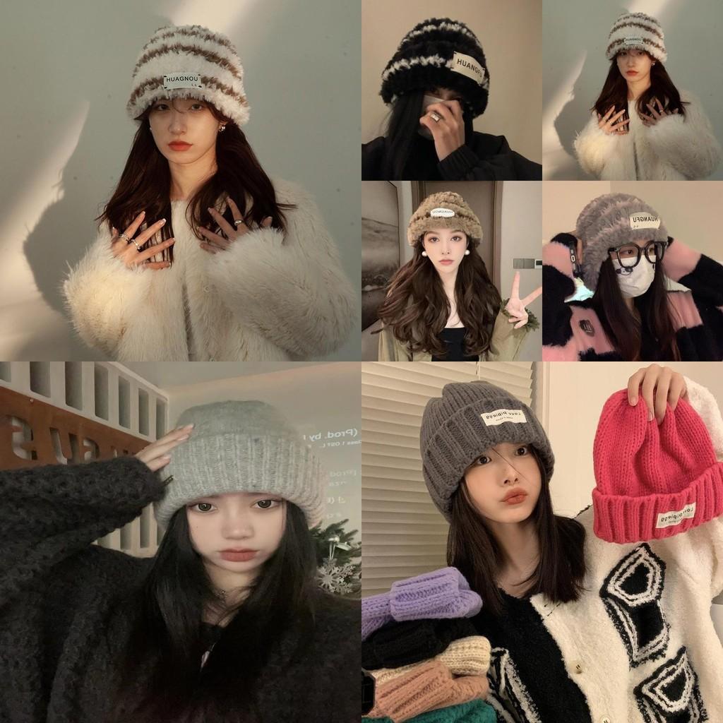 Trendy Womens Warm Knit Hat Winter Fluffy Rabbit Fur Beanie Letter Pattern