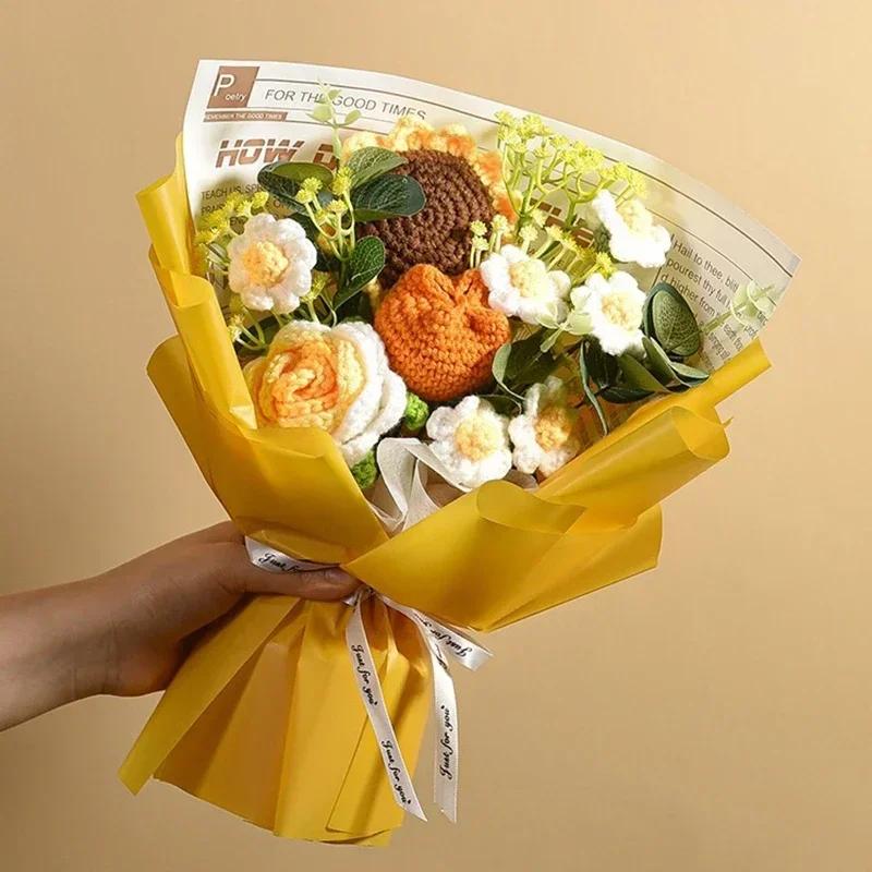 Rose Knitted Flowers Bouquet Crochet Flower For Back To School Handmade Bouquets Wedding Christmas Halloween Gift Home Decor