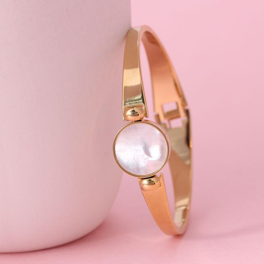 Mother-of-Pearl Shell Round Openable Women's Stainless Steel Bangle