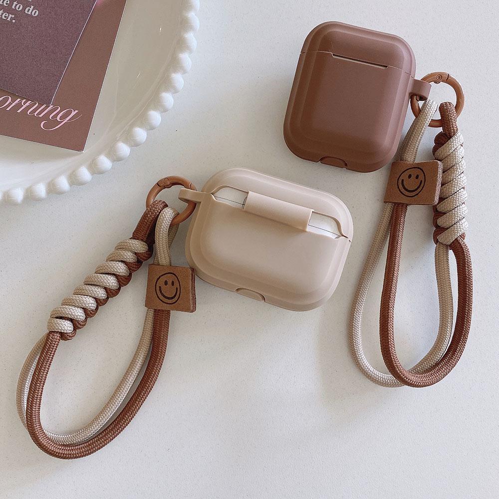 Silicone Earphone Case With Smiling Face Lanyard For Apple AirPods 4 3 2 1 Airpods Pro Milk Tea Color Headset Protective Cover