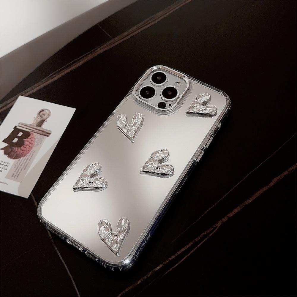 3D Electroplated Heart 13 Case for iPhone 17/15 Pro Max, Mirror Surface iPhone 16, High-end 14 Hard Case