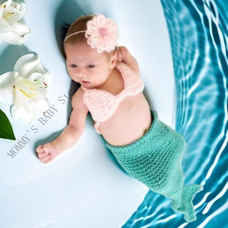 H3CD Soft Knitting Baby Sea-maiden Costume Chest Flower Headwear for Capturing Beautiful Moment in Newborns Photography CN