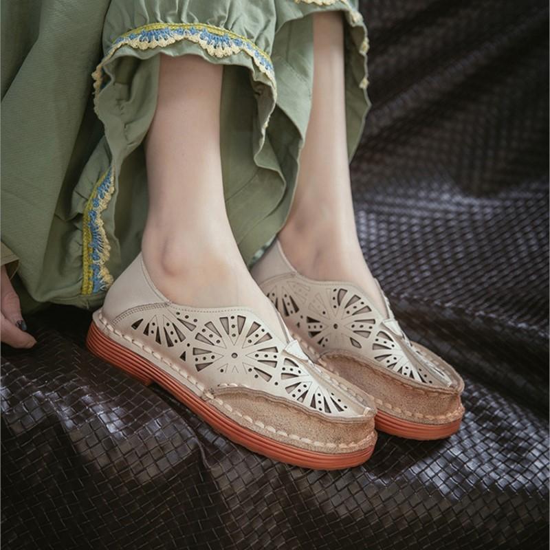 Johnature Genuine Leather Retro Hollow-out Breathable Sandals Versatile Comfortable Women's Slip-on Shoes