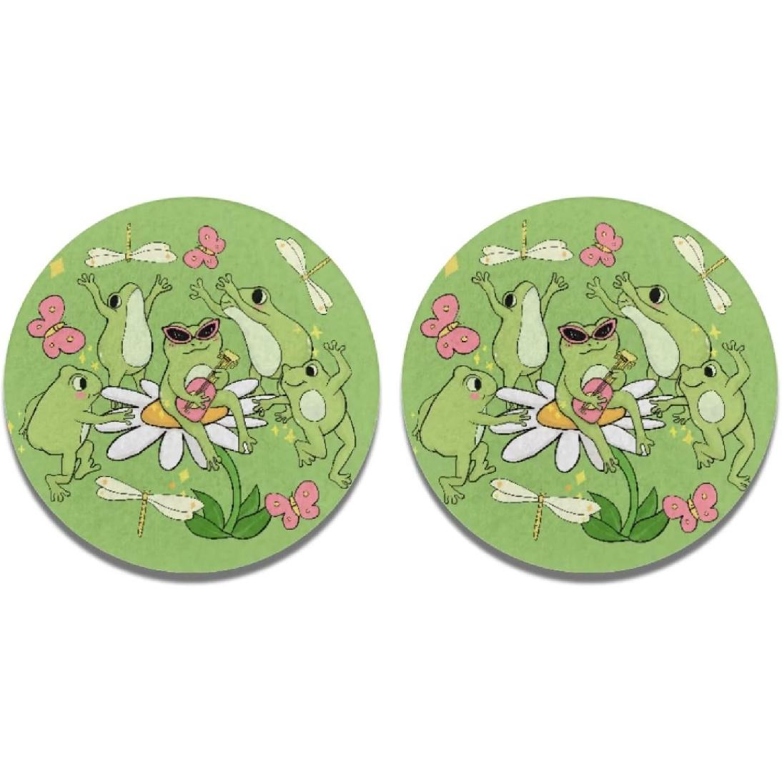 Absorbent Car Coasters 2 Pack Chicken Cup Holders,2.8 Inch Cup Holder Coasters with A Finger Notch for Women & Men Cartoon Frogs