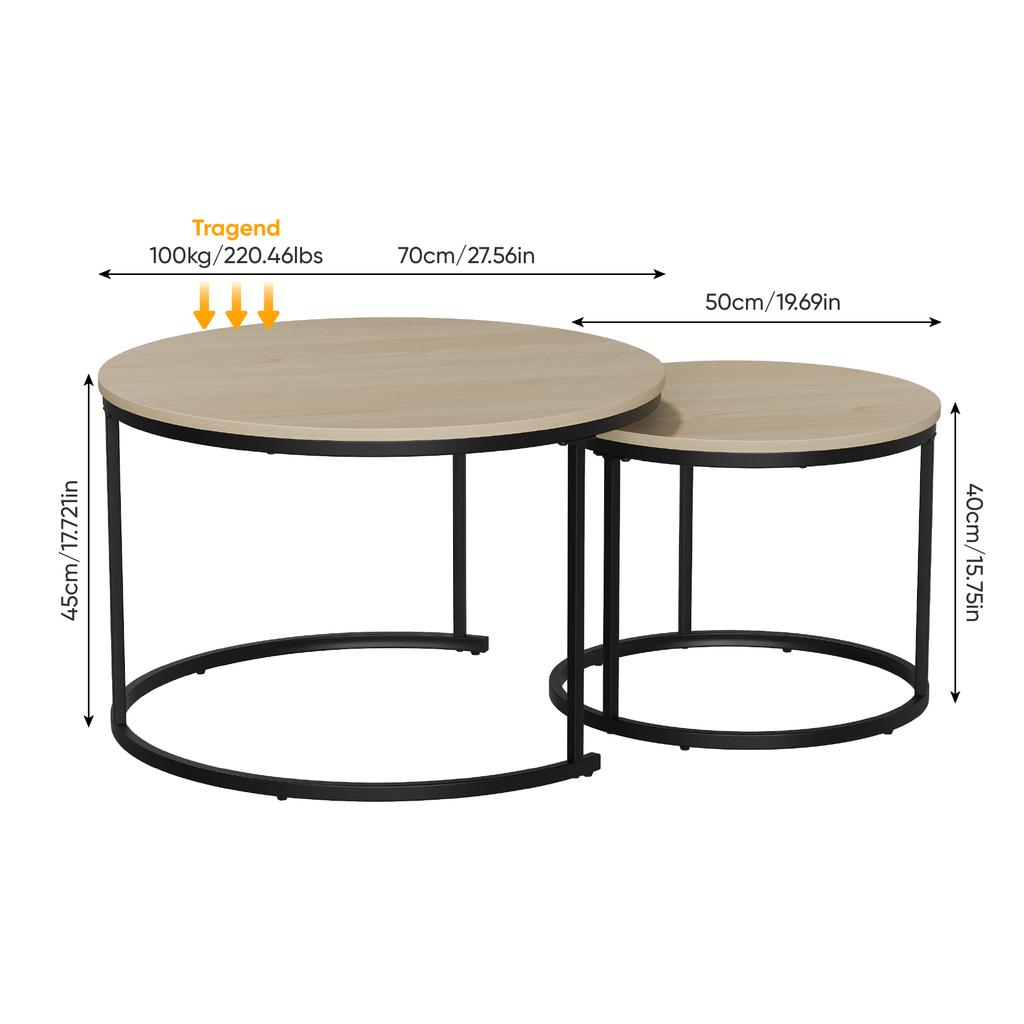 Two-Piece Nesting Coffee Table Set, Oak Veneer, Round with a Diameter of 70 cm, Metal Frame, Modern Style, Suitable for Living Room, Bedroom, Balcony.